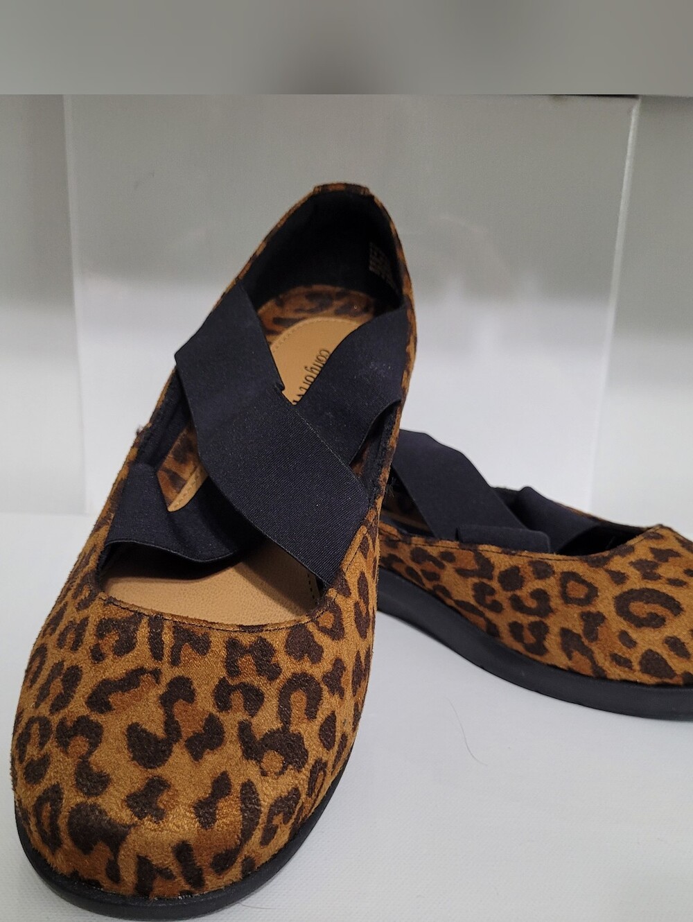 comfortview Leopard Print Slip-On Flats with Black Elastic Cross Straps